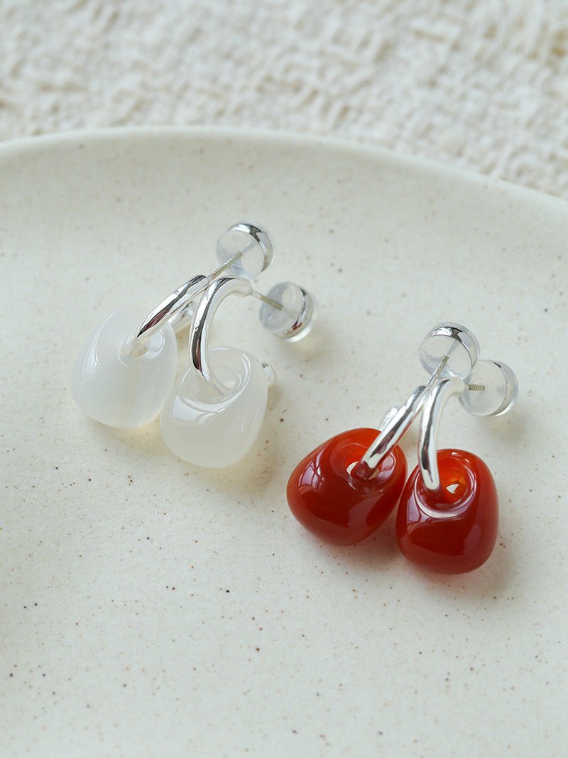 Oval Natural Red Agate And White Agate C-Shaped Earrings - floysun