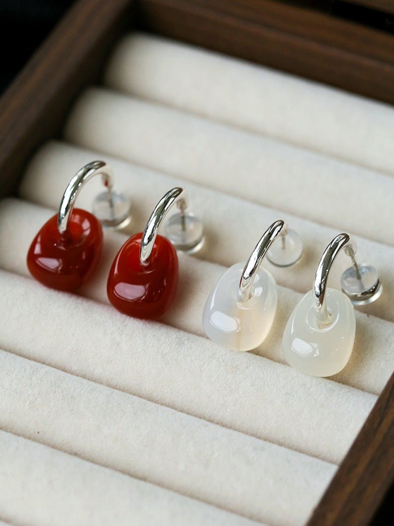 Oval Natural Red Agate And White Agate C-Shaped Earrings - floysun