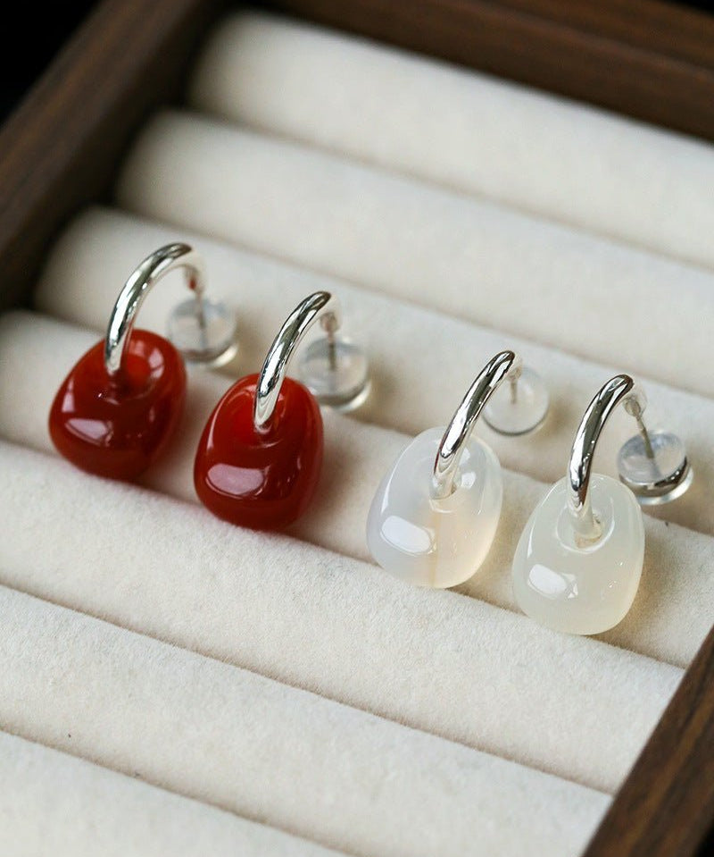 Oval Natural Red Agate And White Agate C-Shaped Earrings - floysun