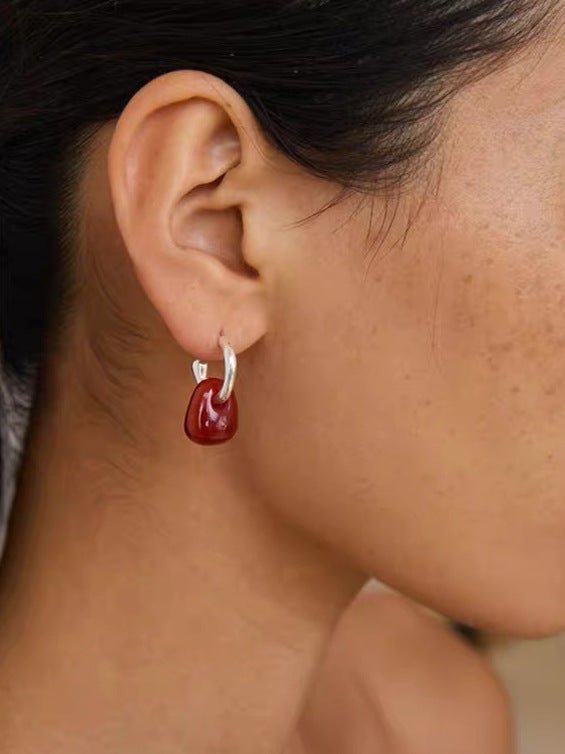 Oval Natural Red Agate And White Agate C-Shaped Earrings - floysun