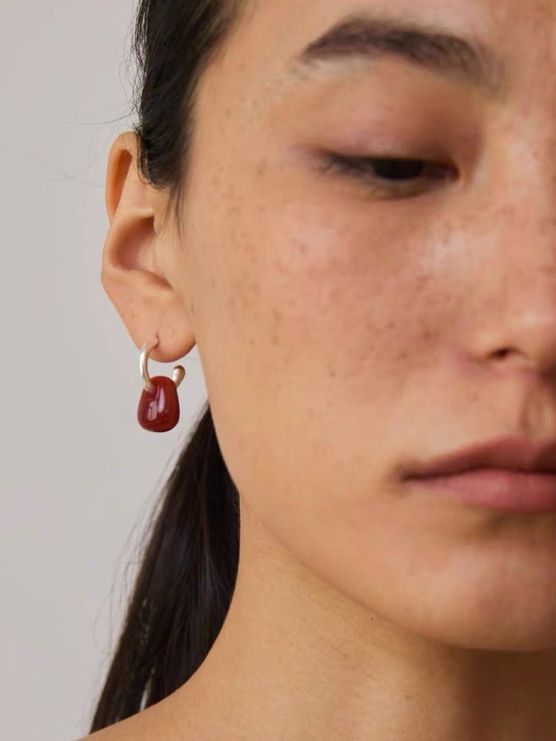 Oval Natural Red Agate And White Agate C-Shaped Earrings - floysun