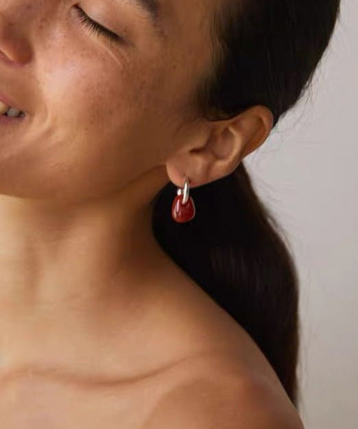 Oval Natural Red Agate And White Agate C-Shaped Earrings - floysun