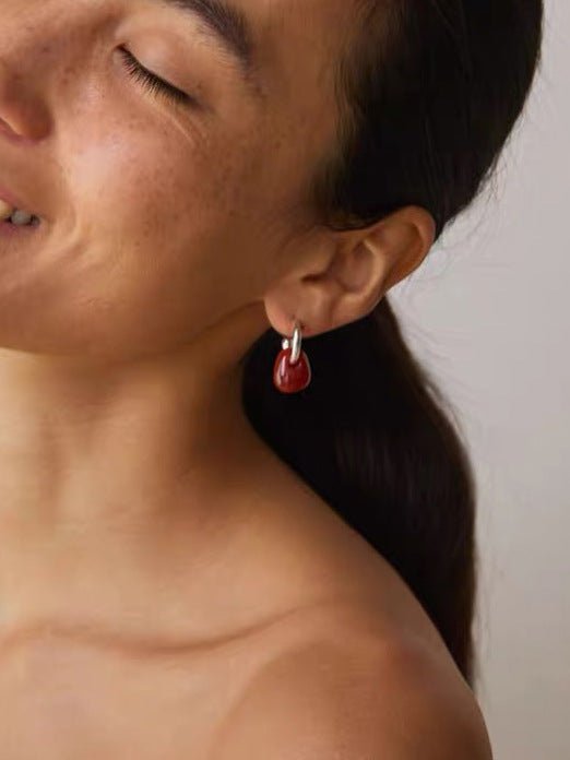 Oval Natural Red Agate And White Agate C-Shaped Earrings - floysun
