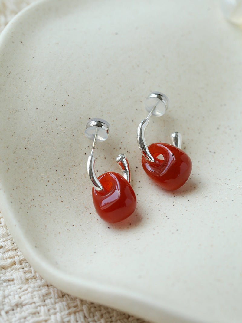 Oval Natural Red Agate And White Agate C-Shaped Earrings - floysun