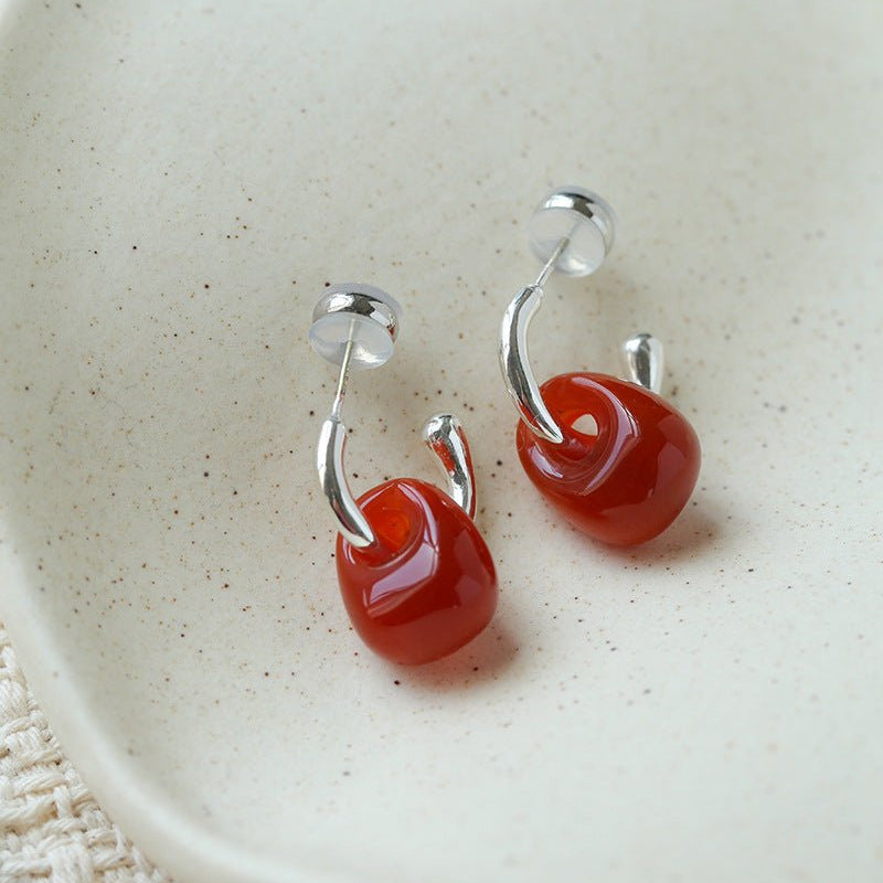 Oval Natural Red Agate And White Agate C-Shaped Earrings - floysun