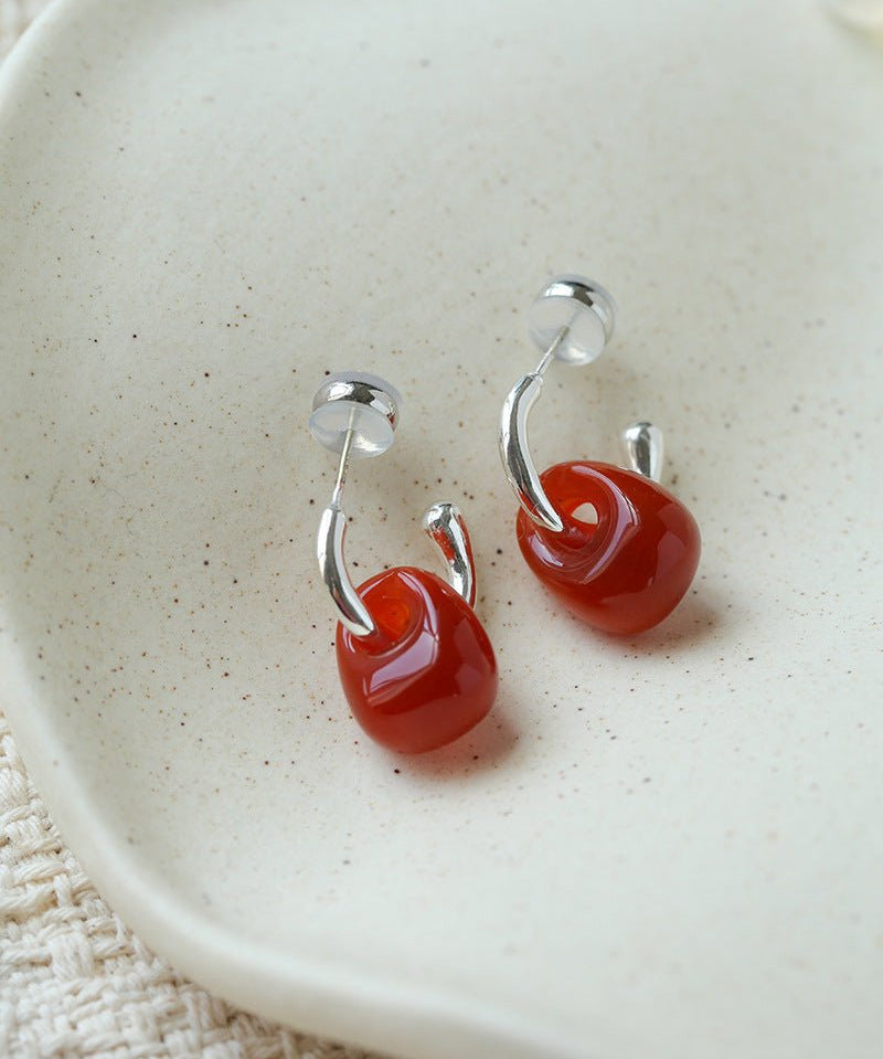 Oval Natural Red Agate And White Agate C-Shaped Earrings - floysun