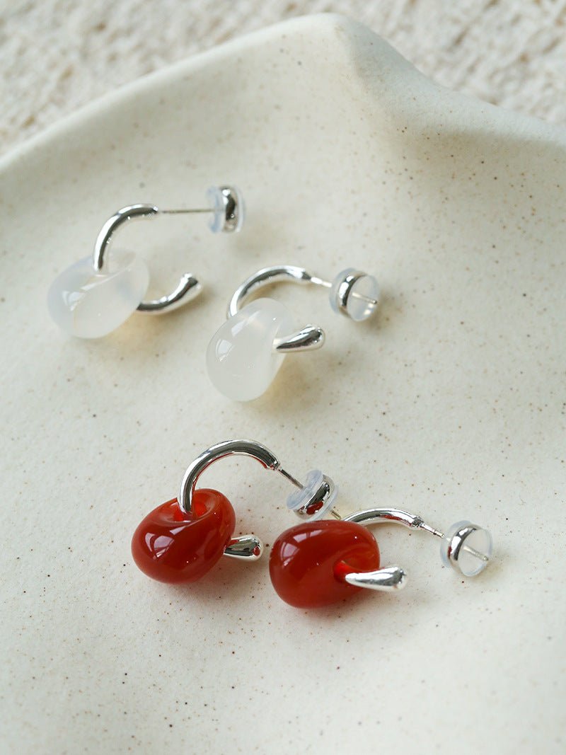 Oval Natural Red Agate And White Agate C-Shaped Earrings - floysun