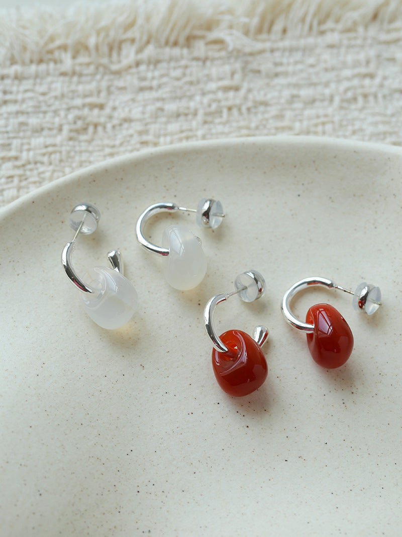 Oval Natural Red Agate And White Agate C-Shaped Earrings - floysun