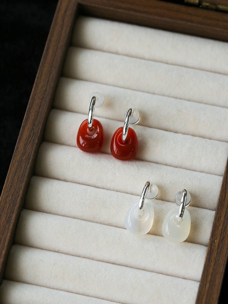 Oval Natural Red Agate And White Agate C-Shaped Earrings - floysun
