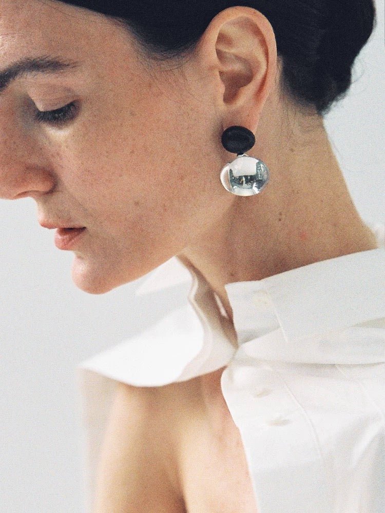 Oval Wood & Glass Earrings | Asymmetrical Statement Earrings - floysun