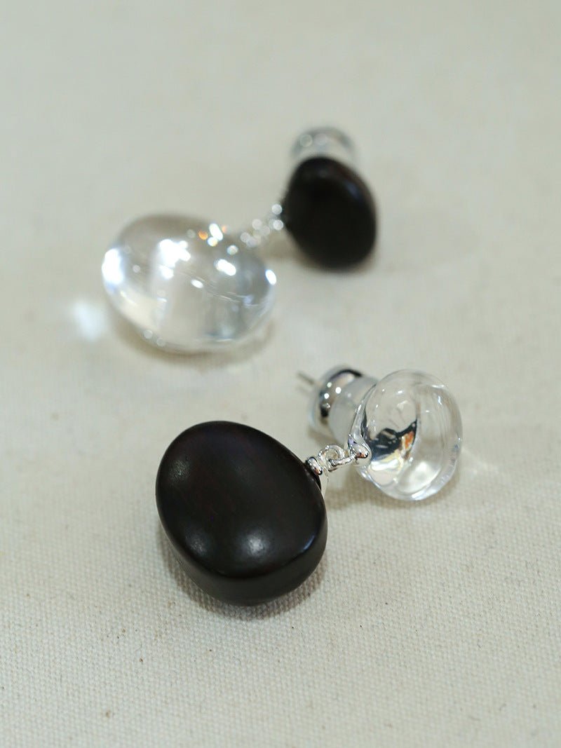 Oval Wood & Glass Earrings | Asymmetrical Statement Earrings - floysun