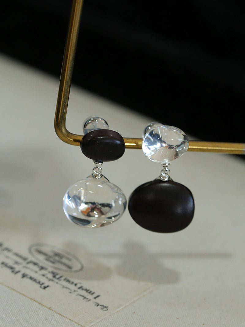 Oval Wood & Glass Earrings | Asymmetrical Statement Earrings - floysun