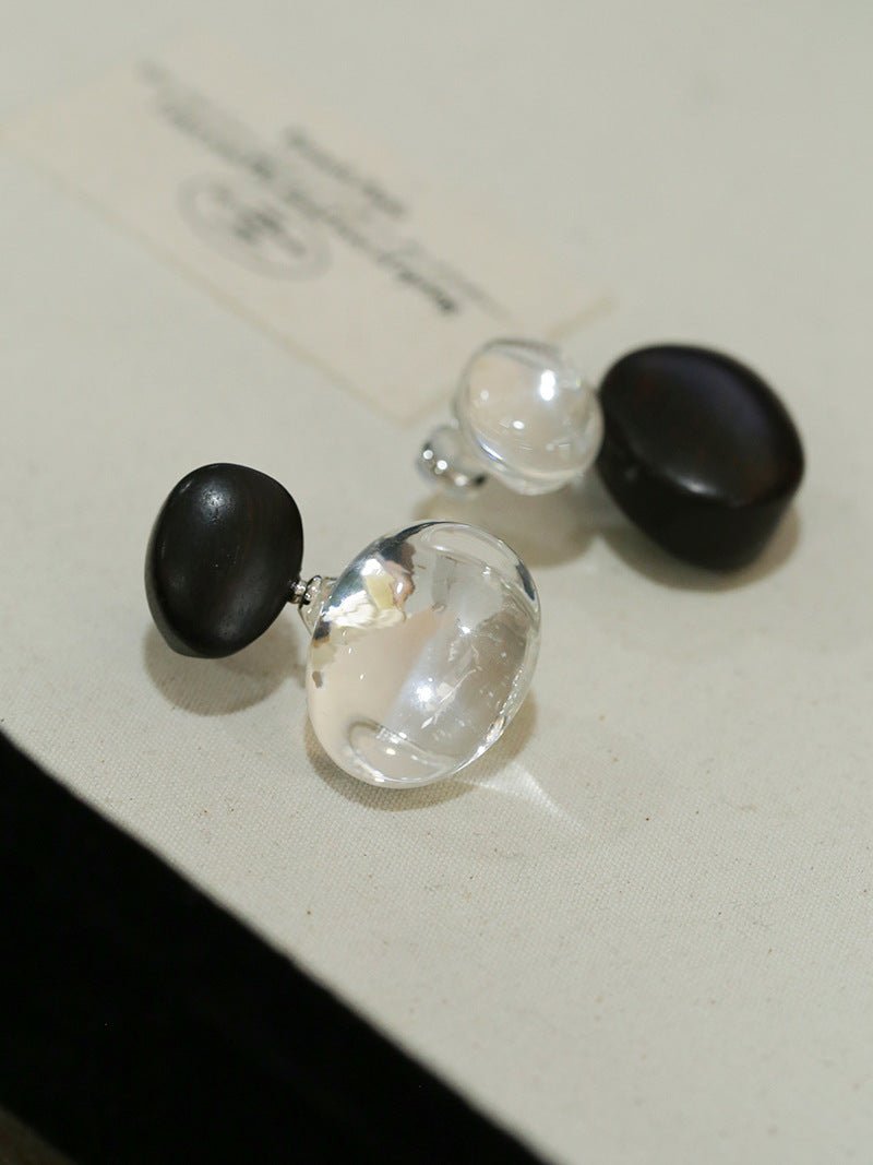 Oval Wood & Glass Earrings | Asymmetrical Statement Earrings - floysun