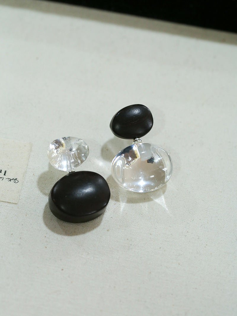 Oval Wood & Glass Earrings | Asymmetrical Statement Earrings - floysun