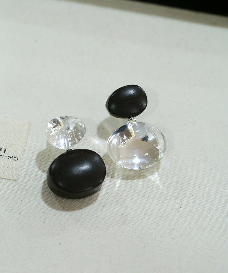 Oval Wood & Glass Earrings | Asymmetrical Statement Earrings - floysun