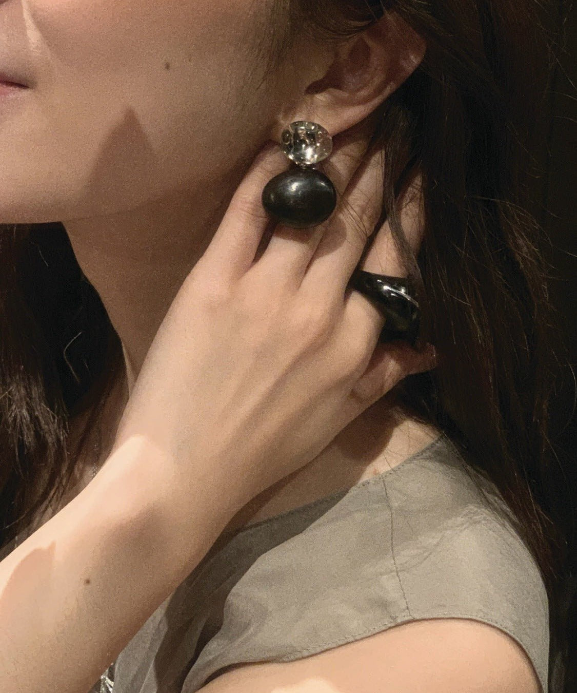 Oval Wood & Glass Earrings | Asymmetrical Statement Earrings - floysun