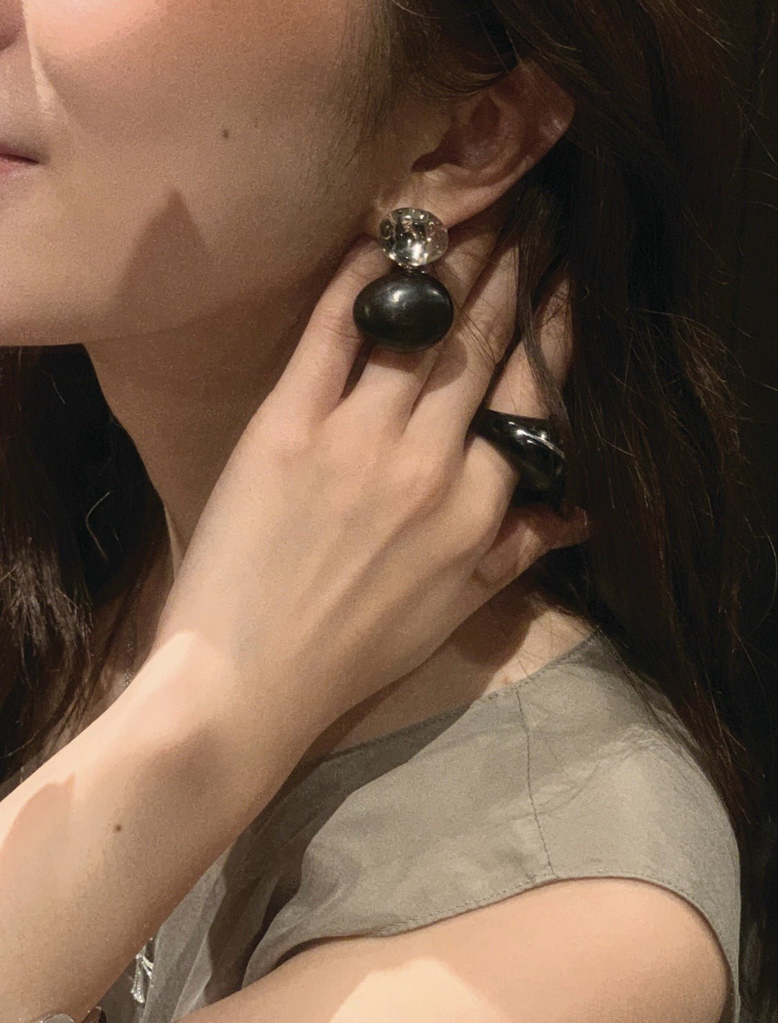 Oval Wood & Glass Earrings | Asymmetrical Statement Earrings - floysun