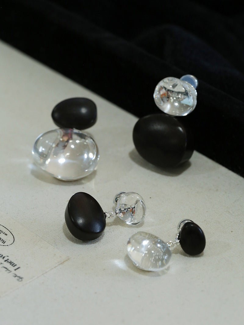 Oval Wood & Glass Earrings | Asymmetrical Statement Earrings - floysun