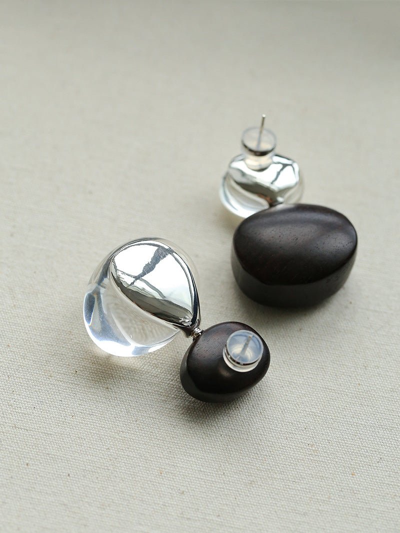 Oval Wood & Glass Earrings | Asymmetrical Statement Earrings - floysun