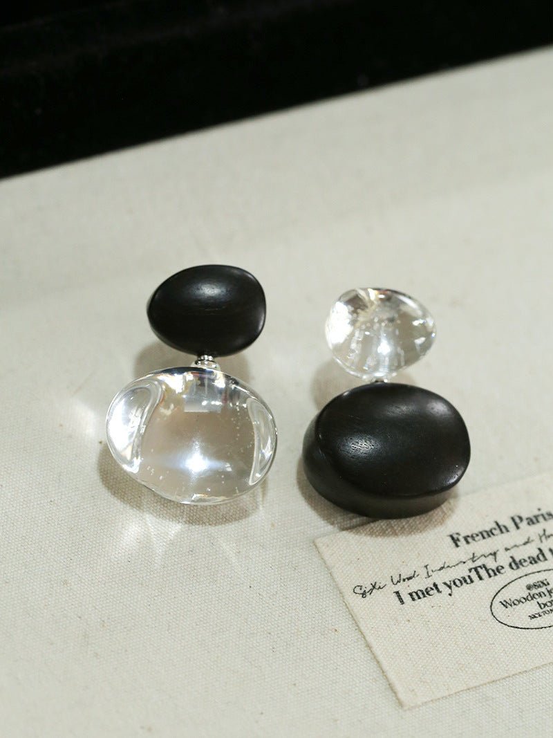 Oval Wood & Glass Earrings | Asymmetrical Statement Earrings - floysun