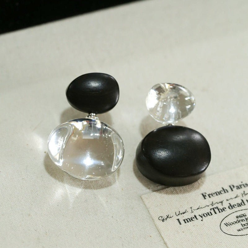 Oval Wood & Glass Earrings | Asymmetrical Statement Earrings - floysun
