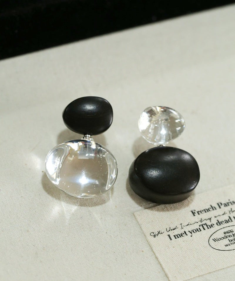 Oval Wood & Glass Earrings | Asymmetrical Statement Earrings - floysun