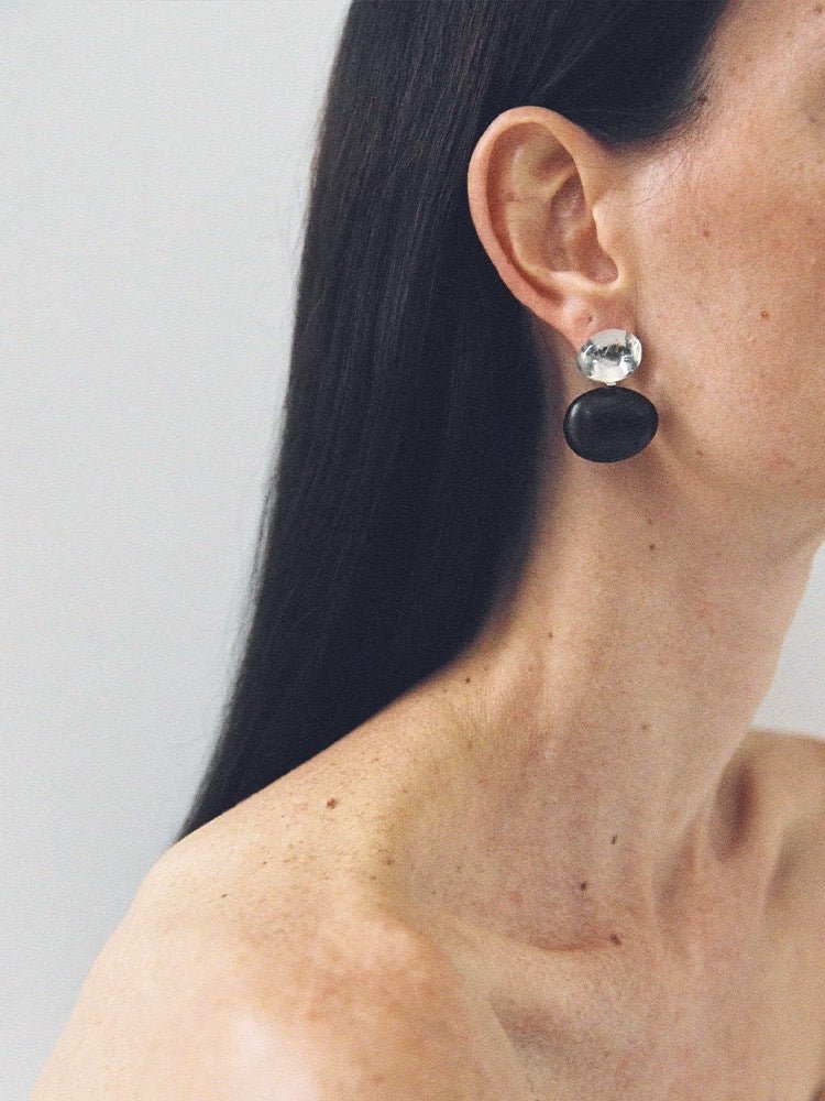 Oval Wood & Glass Earrings | Asymmetrical Statement Earrings - floysun