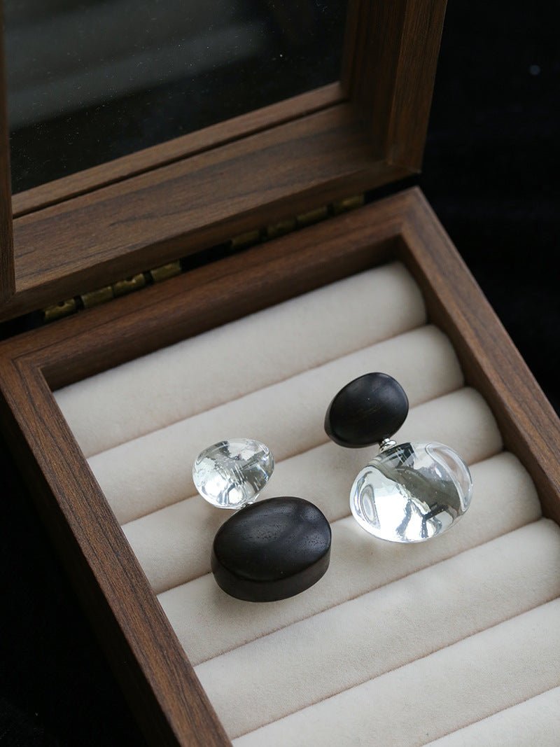 Oval Wood & Glass Earrings | Asymmetrical Statement Earrings - floysun