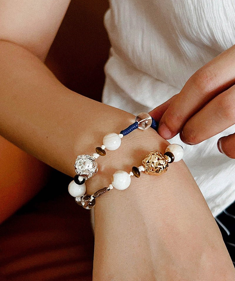 Peanut Woven Bracelet – White Crystal & Shell Beads - floysun