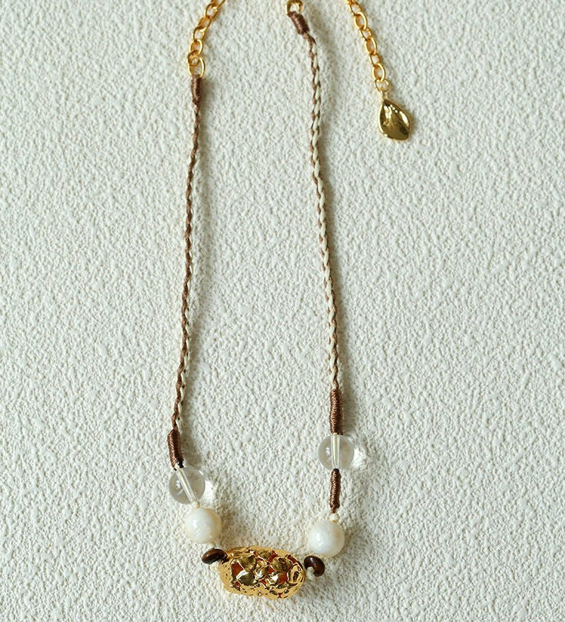 Peanut Woven Necklace – White Crystal & Shell Beads - floysun