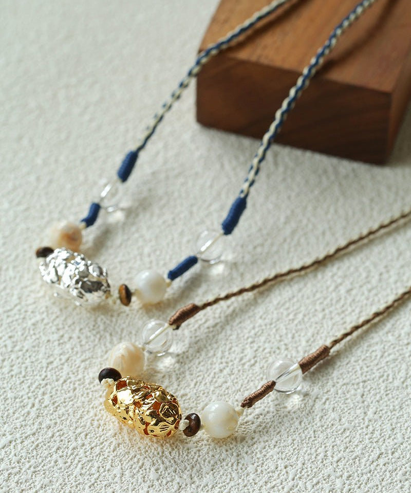 Peanut Woven Necklace – White Crystal & Shell Beads - floysun