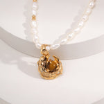 Pearl-Adorned Onyx Tiger Eye Pendant Necklace - floysun