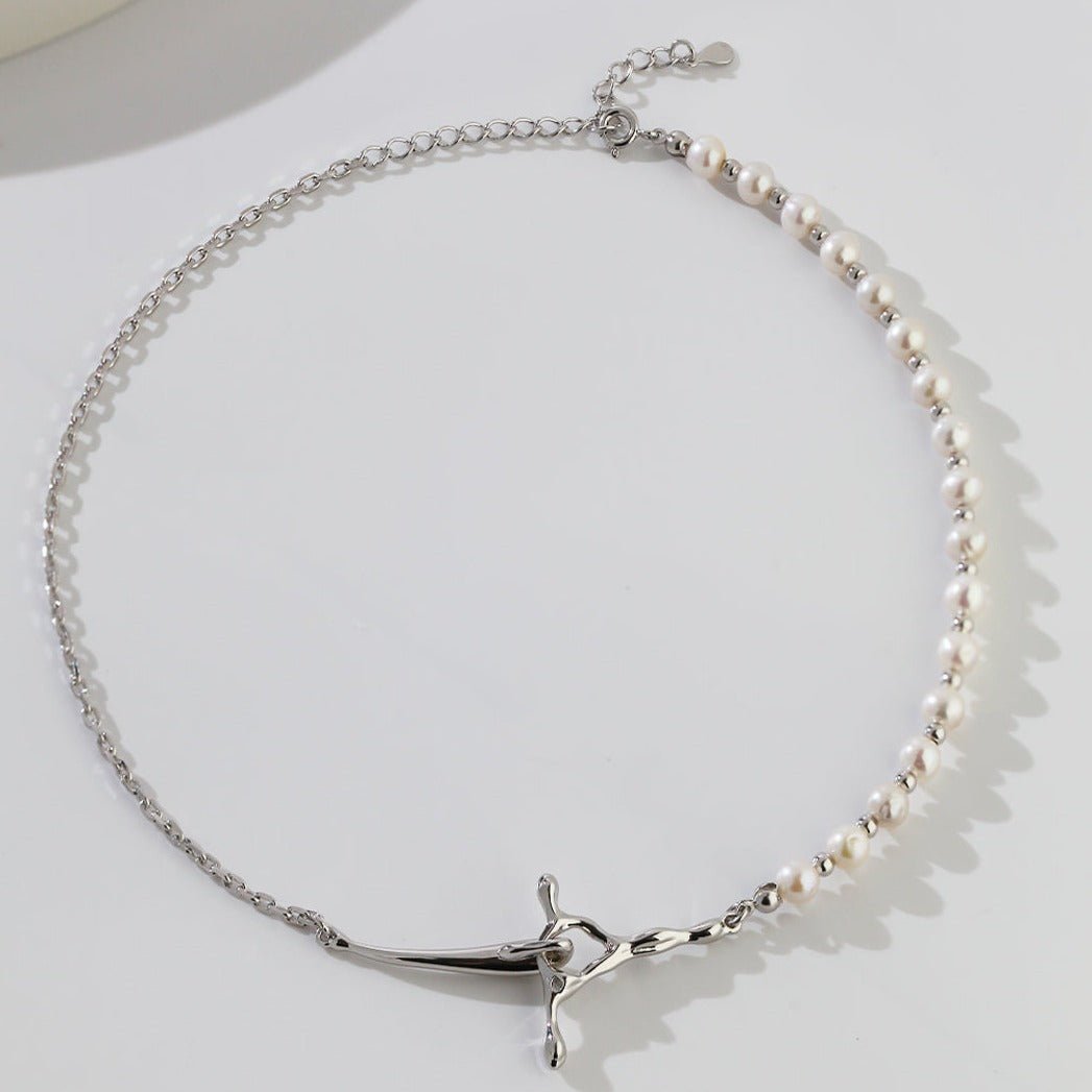 Pearl and Mini Silver Bead Intertwined Chain Pendant Necklace - floysun