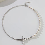 Pearl and Mini Silver Bead Intertwined Chain Pendant Necklace - floysun