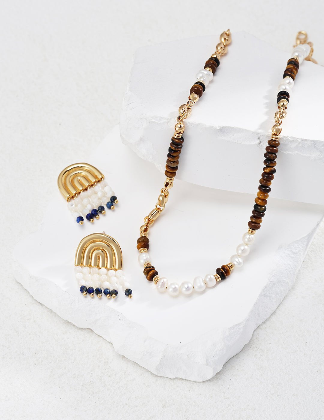 Pearl and Tiger's Eye Beaded Sterling Silver Necklace - floysun
