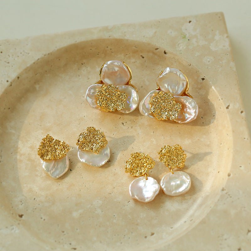 Petal Baroque Pearl Earrings-Three Petal Stud Earrings - floysun