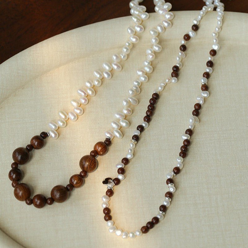 Petite Freshwater Pearl & Sandalwood Beaded Necklace - floysun