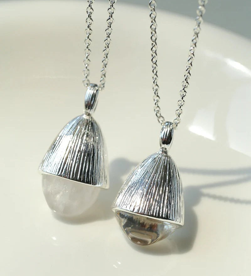 Pinecone Pendant Necklace – Silver White Crystal - floysun