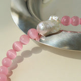 Pink and Blue Cat's Eye Stone Baroque Pearl Collar Necklace - floysun