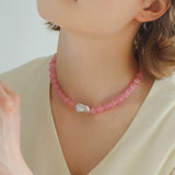 Pink and Blue Cat's Eye Stone Baroque Pearl Collar Necklace - floysun