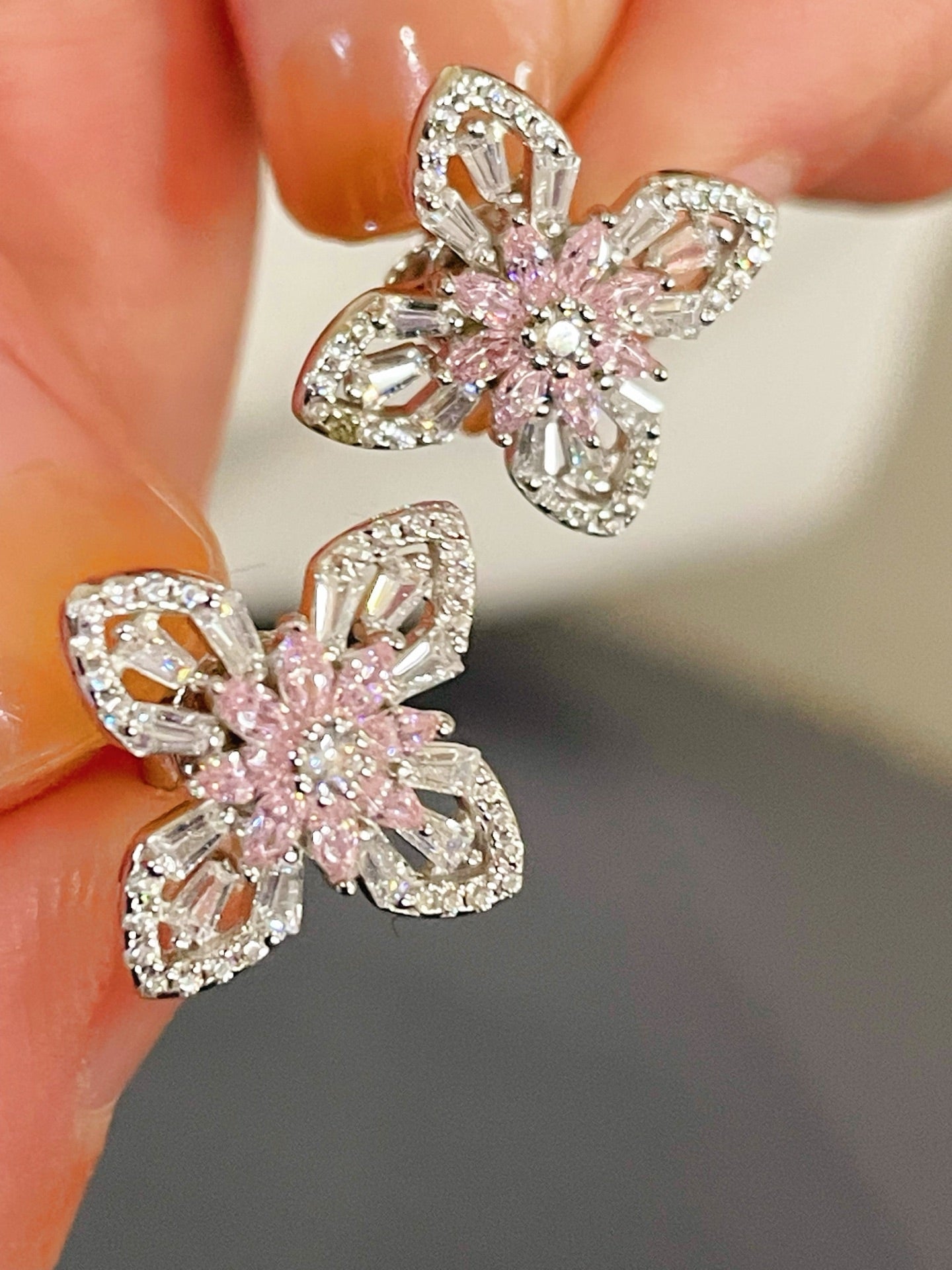 Pink Marquise & Baguette Diamond Lucky Clover Stud Earrings - floysun