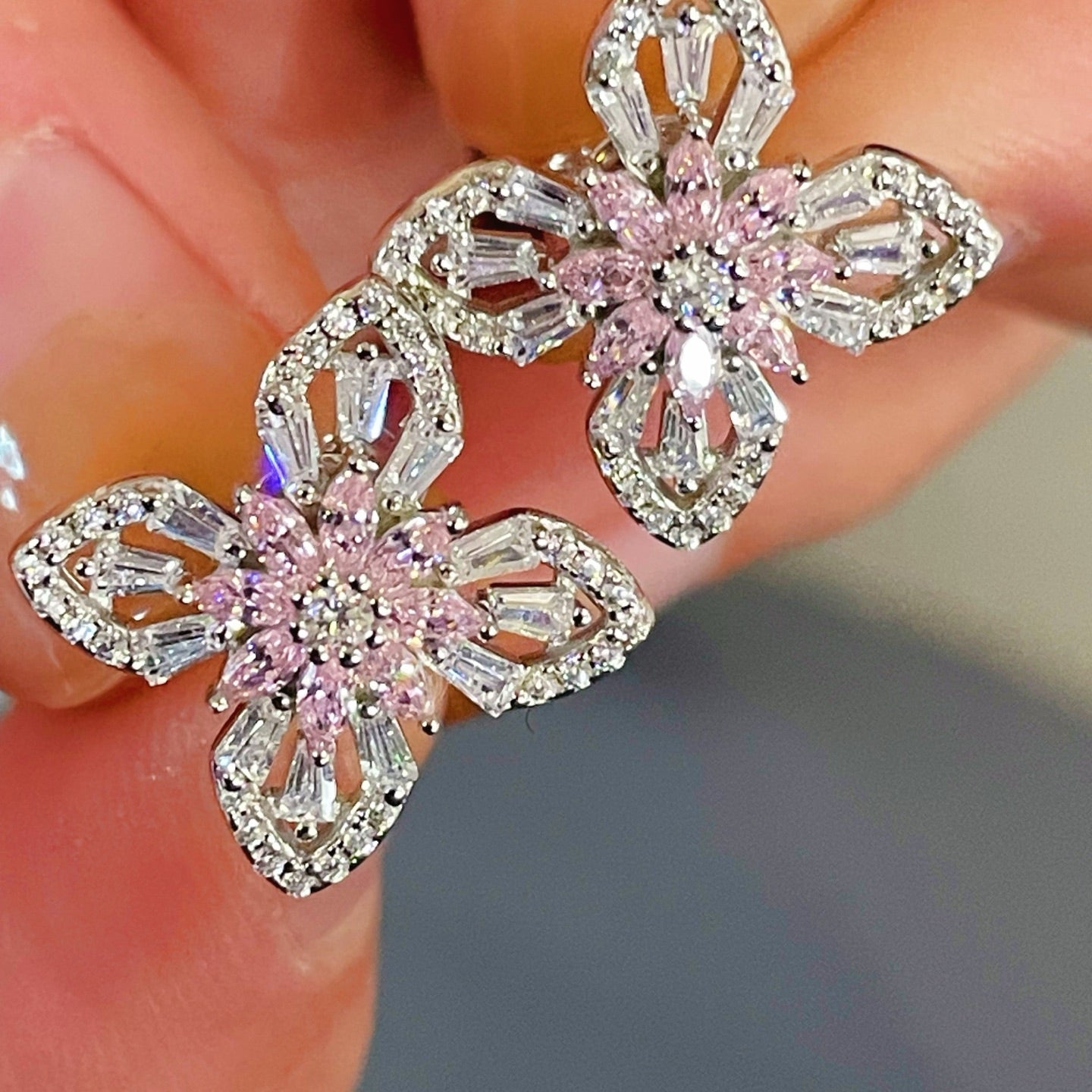 Pink Marquise & Baguette Diamond Lucky Clover Stud Earrings - floysun