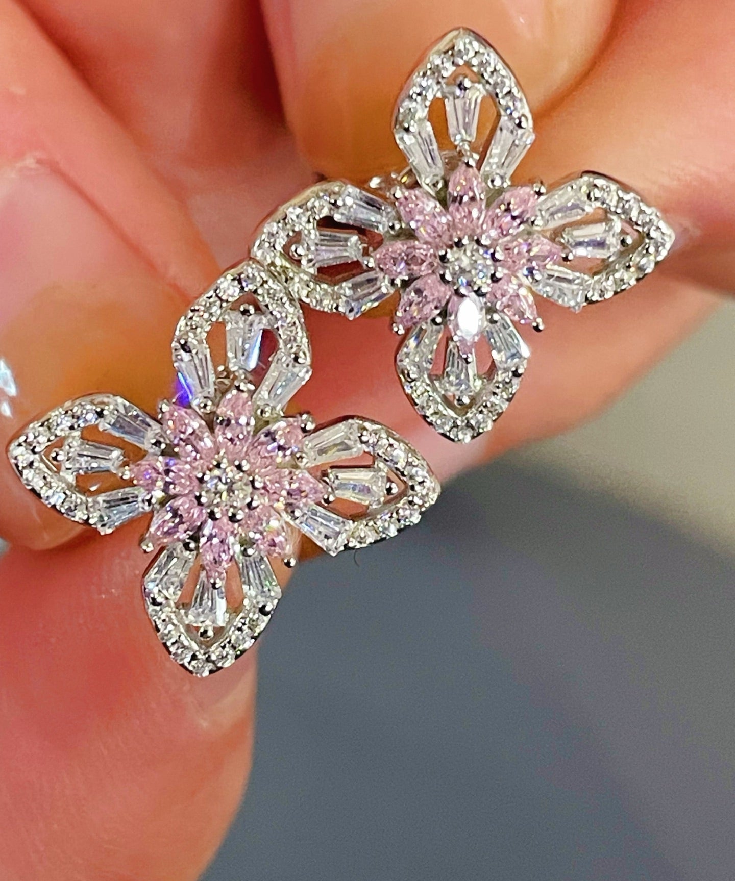 Pink Marquise & Baguette Diamond Lucky Clover Stud Earrings - floysun