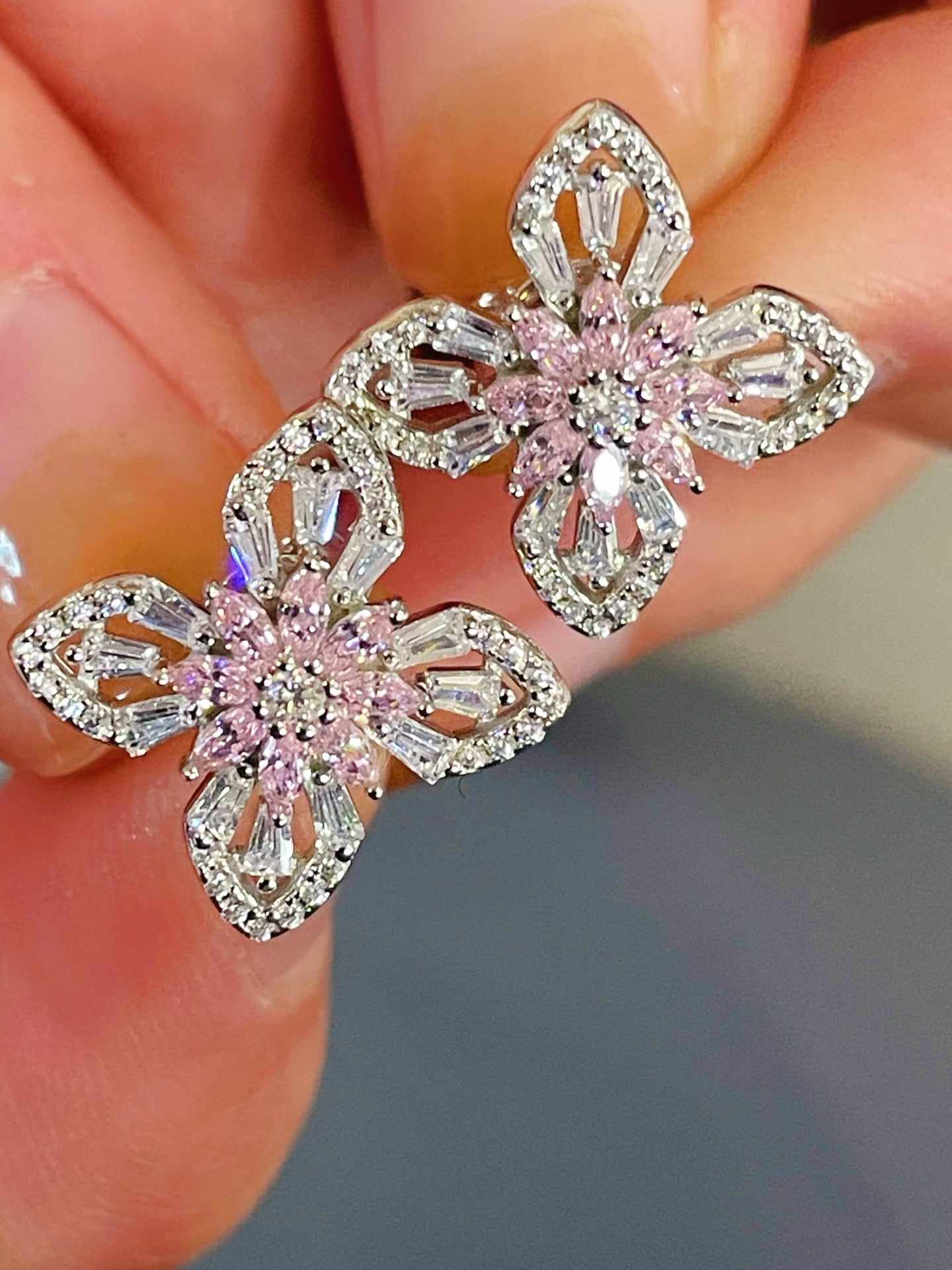 Pink Marquise & Baguette Diamond Lucky Clover Stud Earrings - floysun