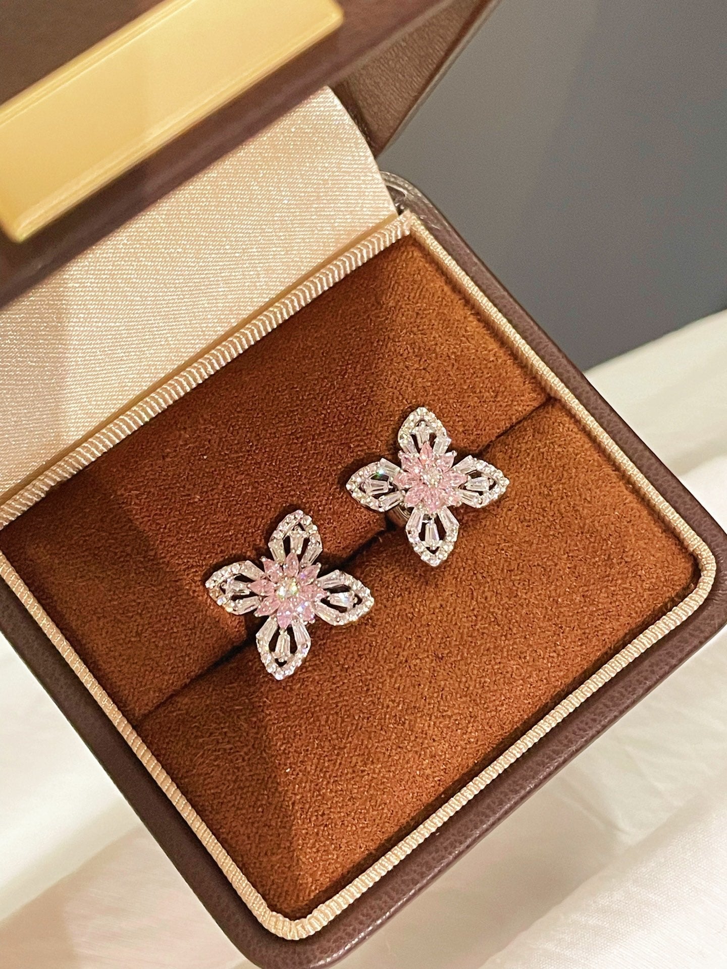 Pink Marquise & Baguette Diamond Lucky Clover Stud Earrings - floysun
