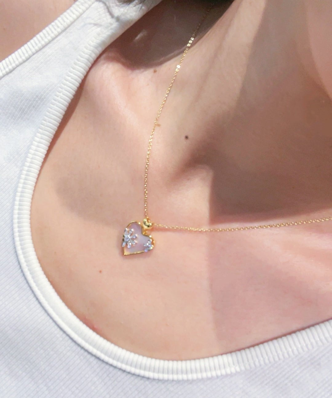Pink Mother of Pearl Heart Necklace with Daisy CZ Detail - floysun