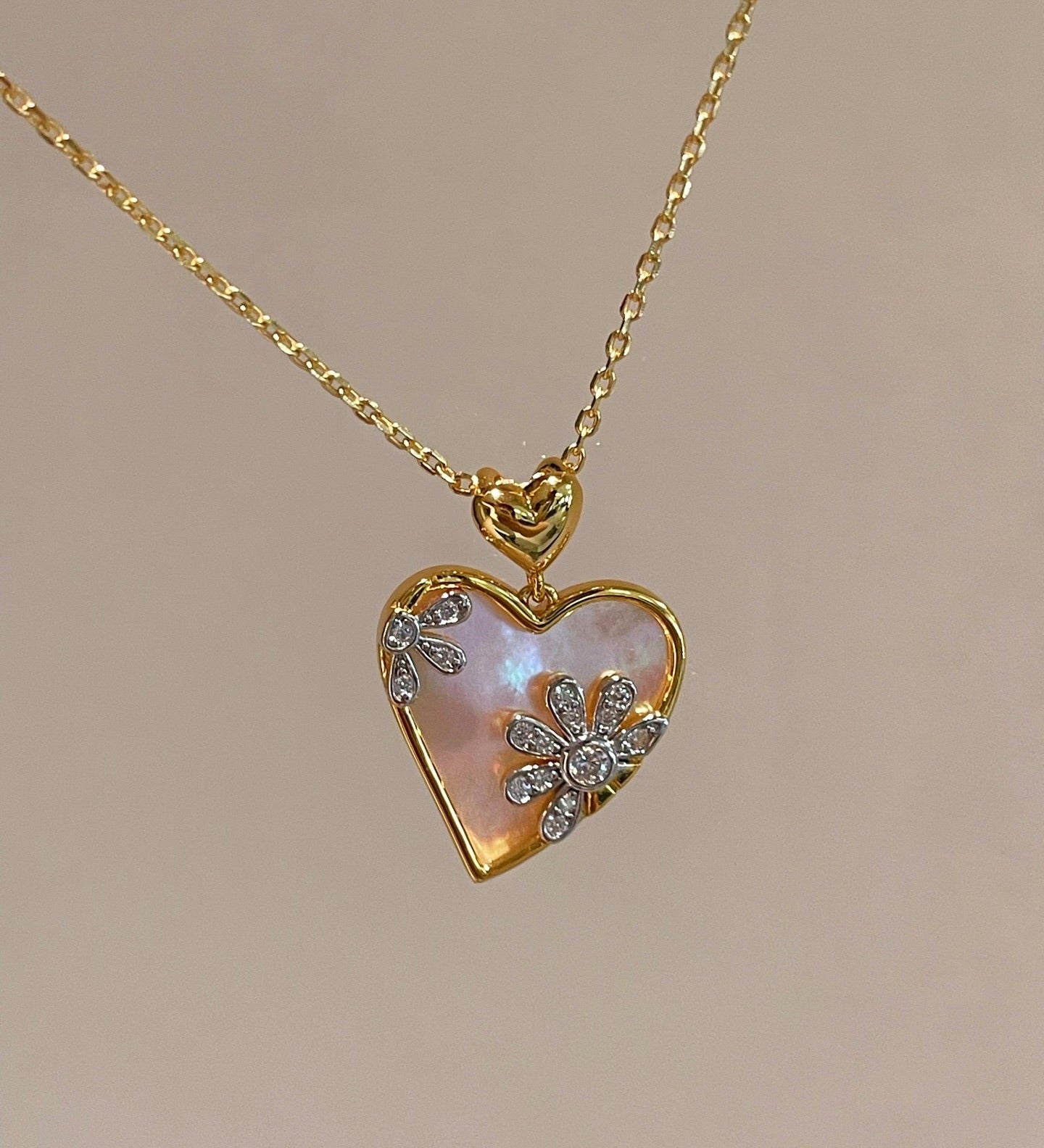 Pink Mother of Pearl Heart Necklace with Daisy CZ Detail - floysun