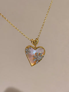 Pink Mother of Pearl Heart Necklace with Daisy CZ Detail - floysun