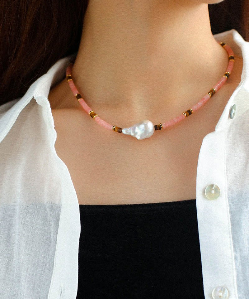 Pink Quartz Baroque Pearl Bead Necklace - floysun
