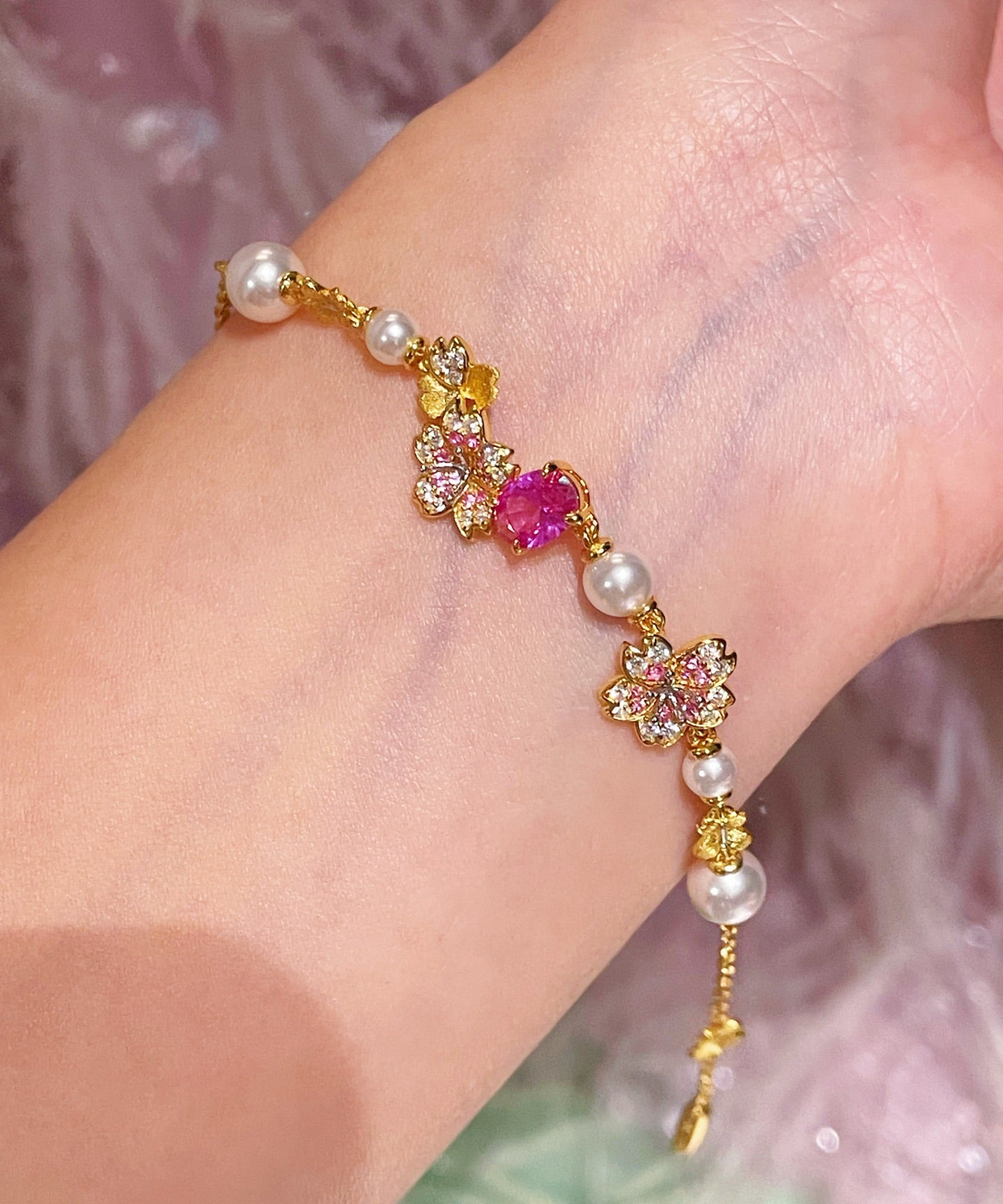 Pink Sapphire Floral Pearl Bracelet - floysun